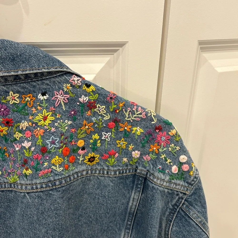 Old Navy Upcycled Denim Jacket with hand embroidered floral pattern large - Picture 5 of 8
